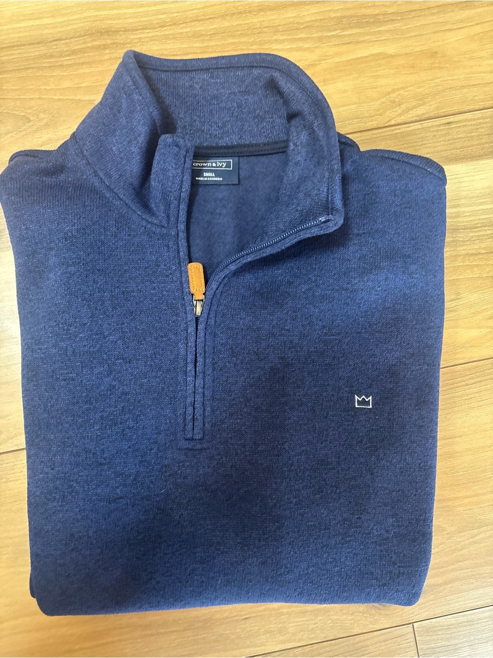 crown & ivy Men’s Navy Half-Zip Pullover with Leather-Look Zipper Pull